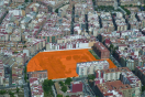 Foto aérea del ámbito. Se ve remarcada en naranja la zona que ocupa la nueva urbanización dentro del tejido urbano de Valencia.