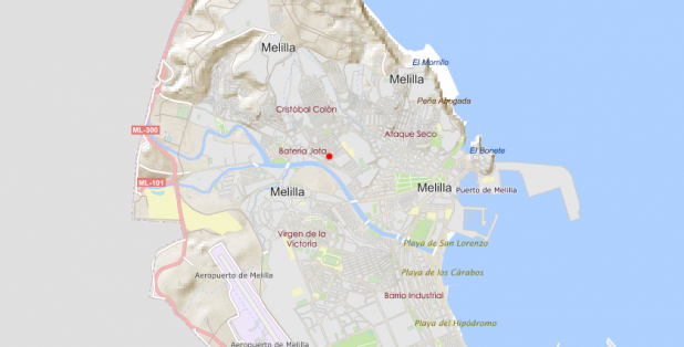 Plano de Melilla con un punto rojo al centro mostrando la ubicación de la actuación